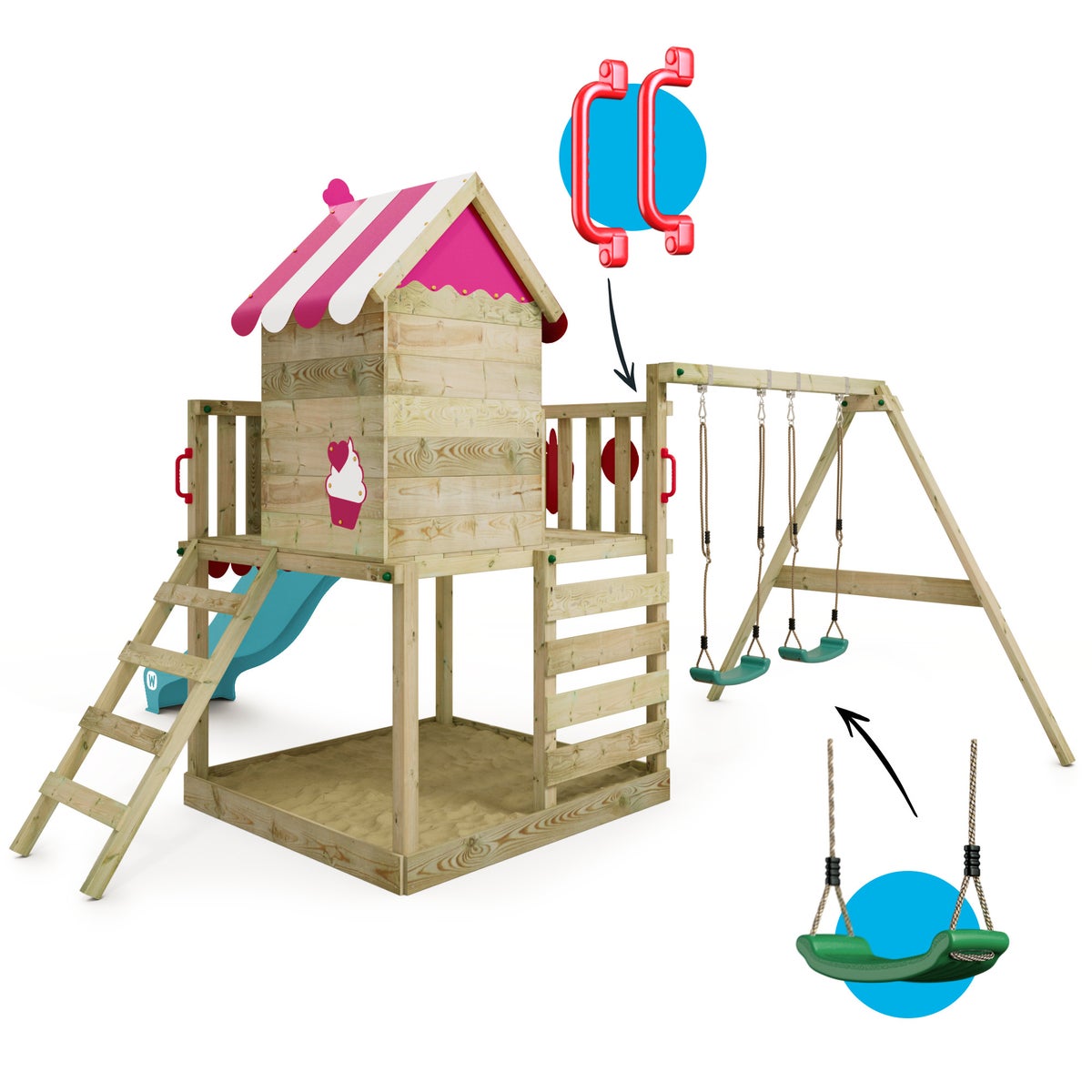WICKEY Smart Candy speeltoren klimtoestel met schommel en glijbaan, boomhut met zandbak, klimladder en speeltoebehoren - turquoise