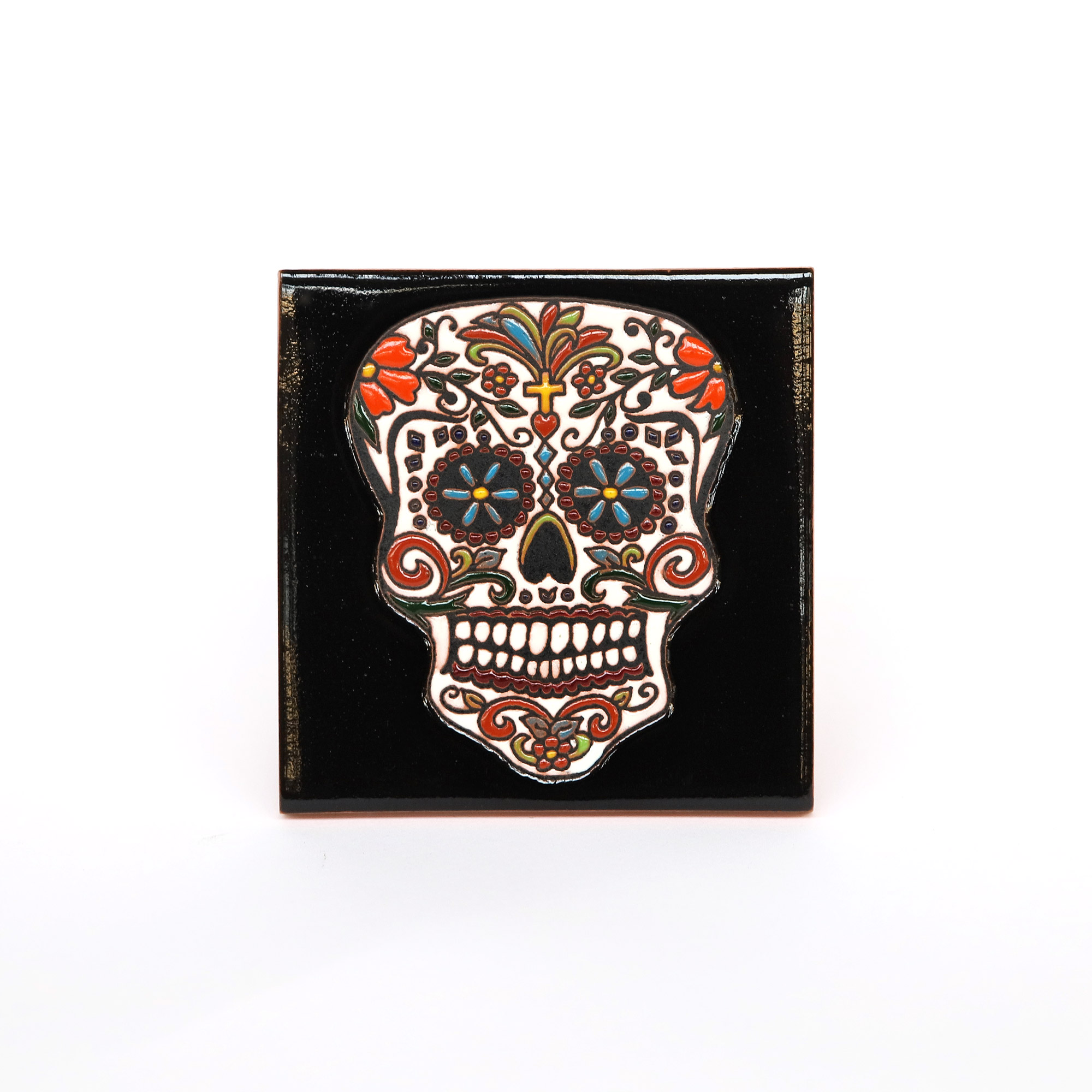 Reliefkachel 'Cráneo', schwarz, multicolor, T 10 cm, B 10 cm, H 0,5 cm von fischer's lagerhaus