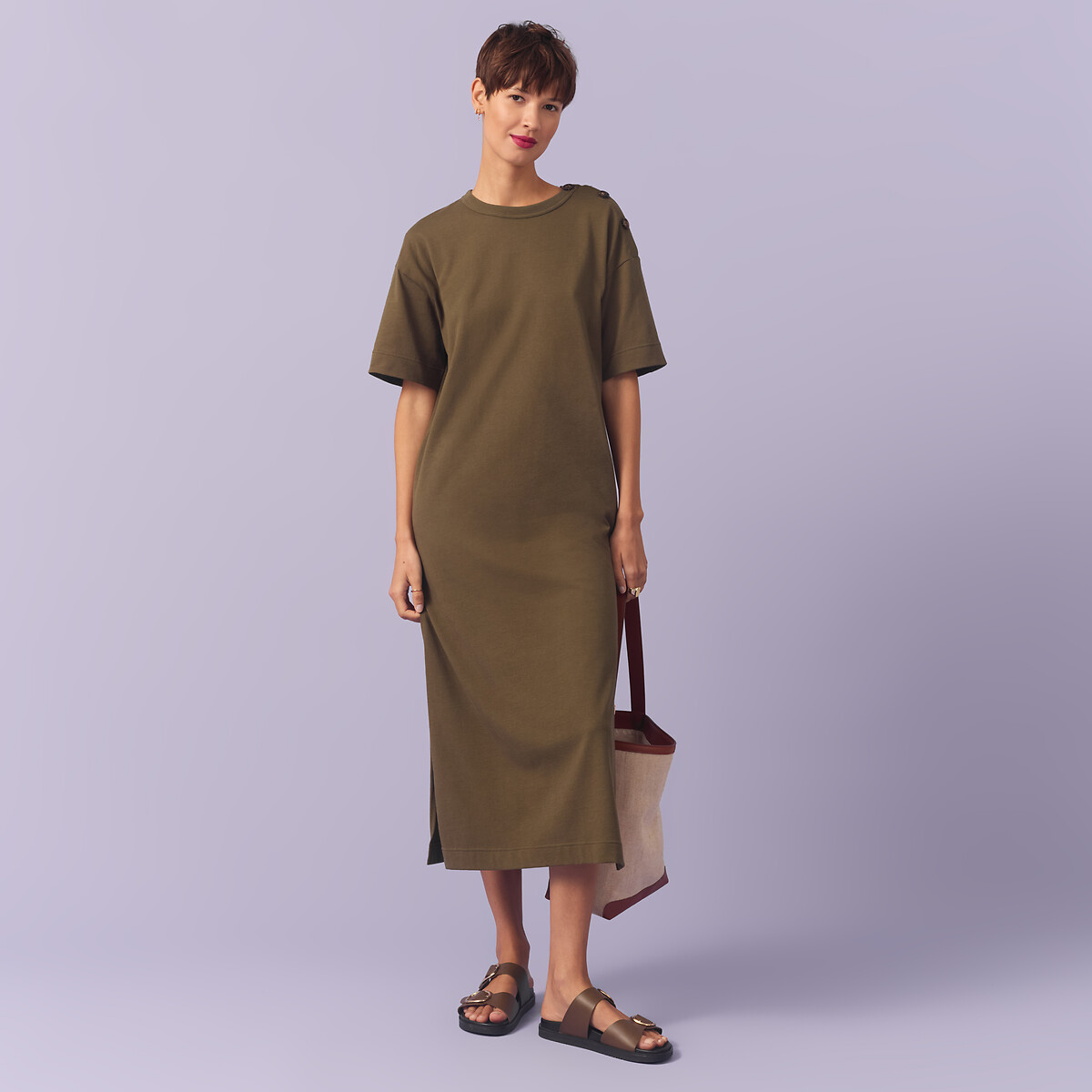 COLEÇÃO LA REDOUTE<br>Vestido longo em jérsei, fechamento com botão no ombro