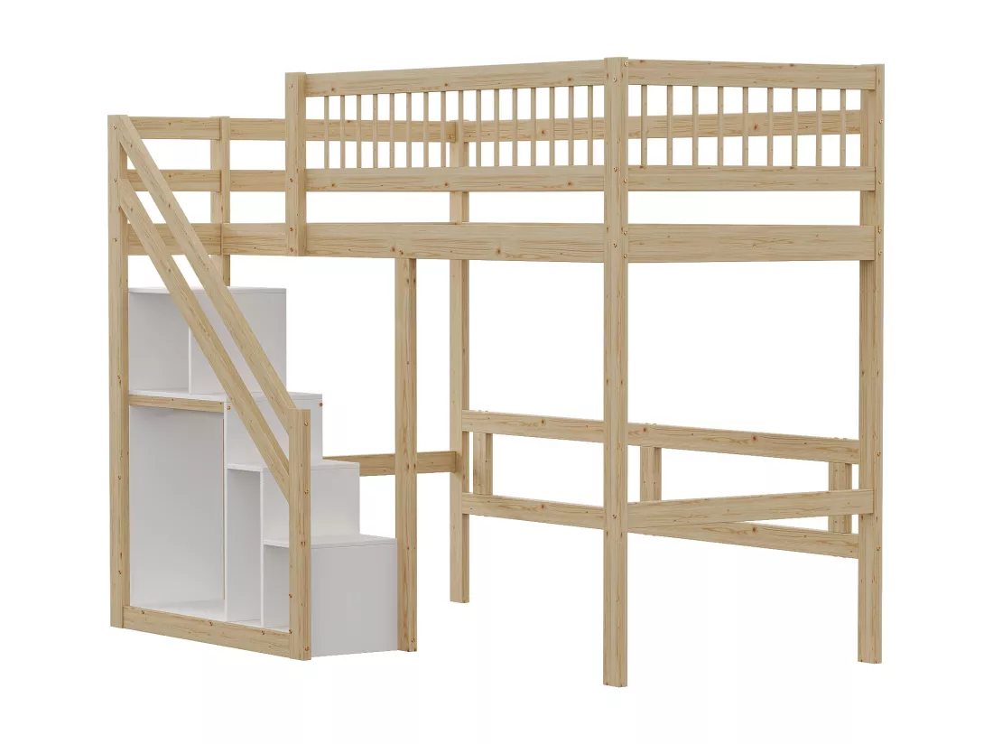Lit mezzanine 90 x 200 cm avec placard de rangement - Bois massif + MDF - Naturel et blanc (sans matelas)