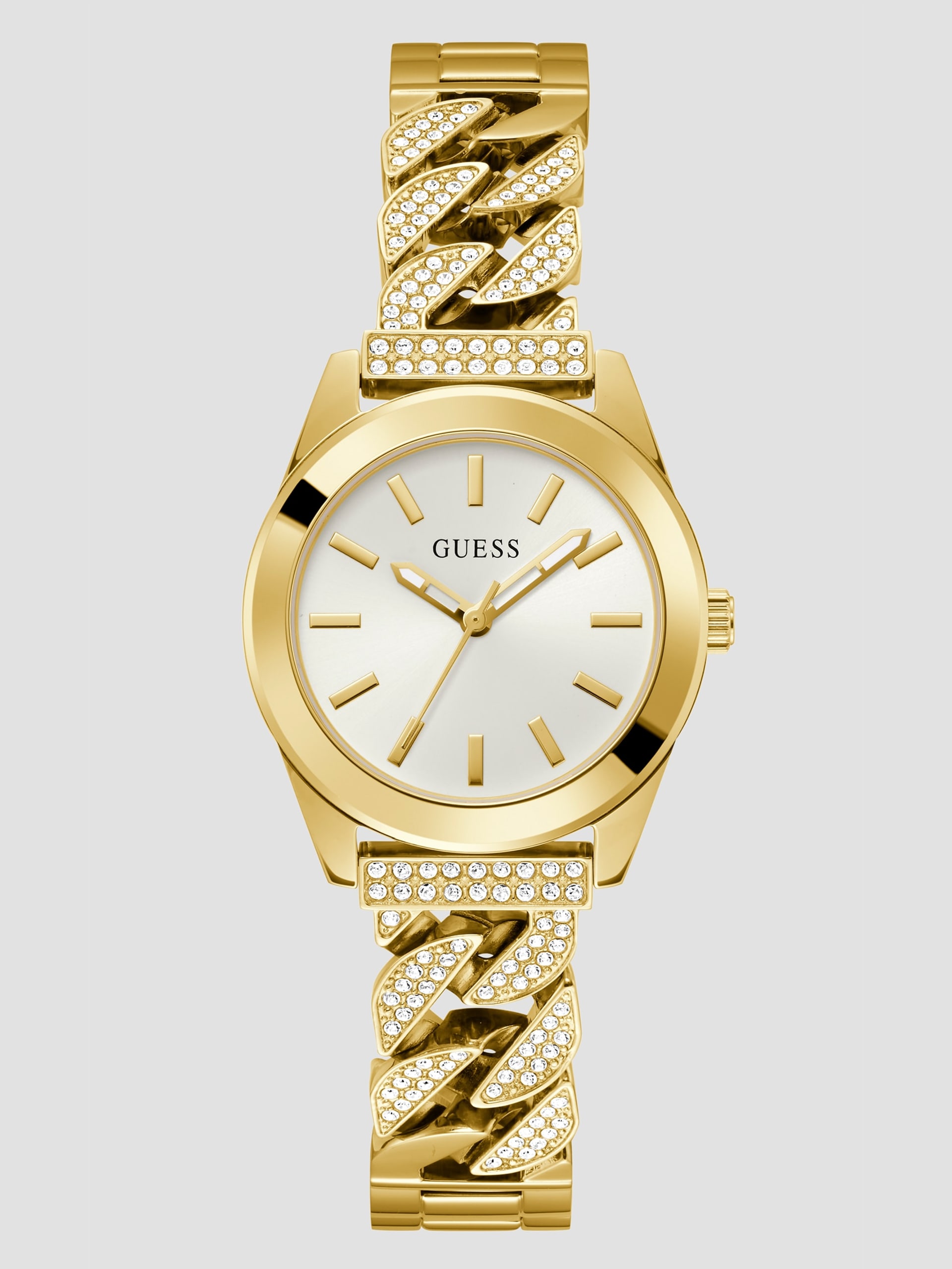 Relógio analógico com pulseira de cristal dourada