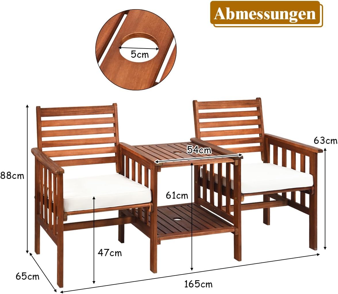COSTWAY Gartenbank mit Tisch, 2-Sitzer Holzbank mit Sitzkissen & Schirmloch, Sitzbank aus Akazienholz bis 350 kg belastbar, Terrassenbank für Balkon, Garten, Terrasse, 165 x 65 x 88 cm