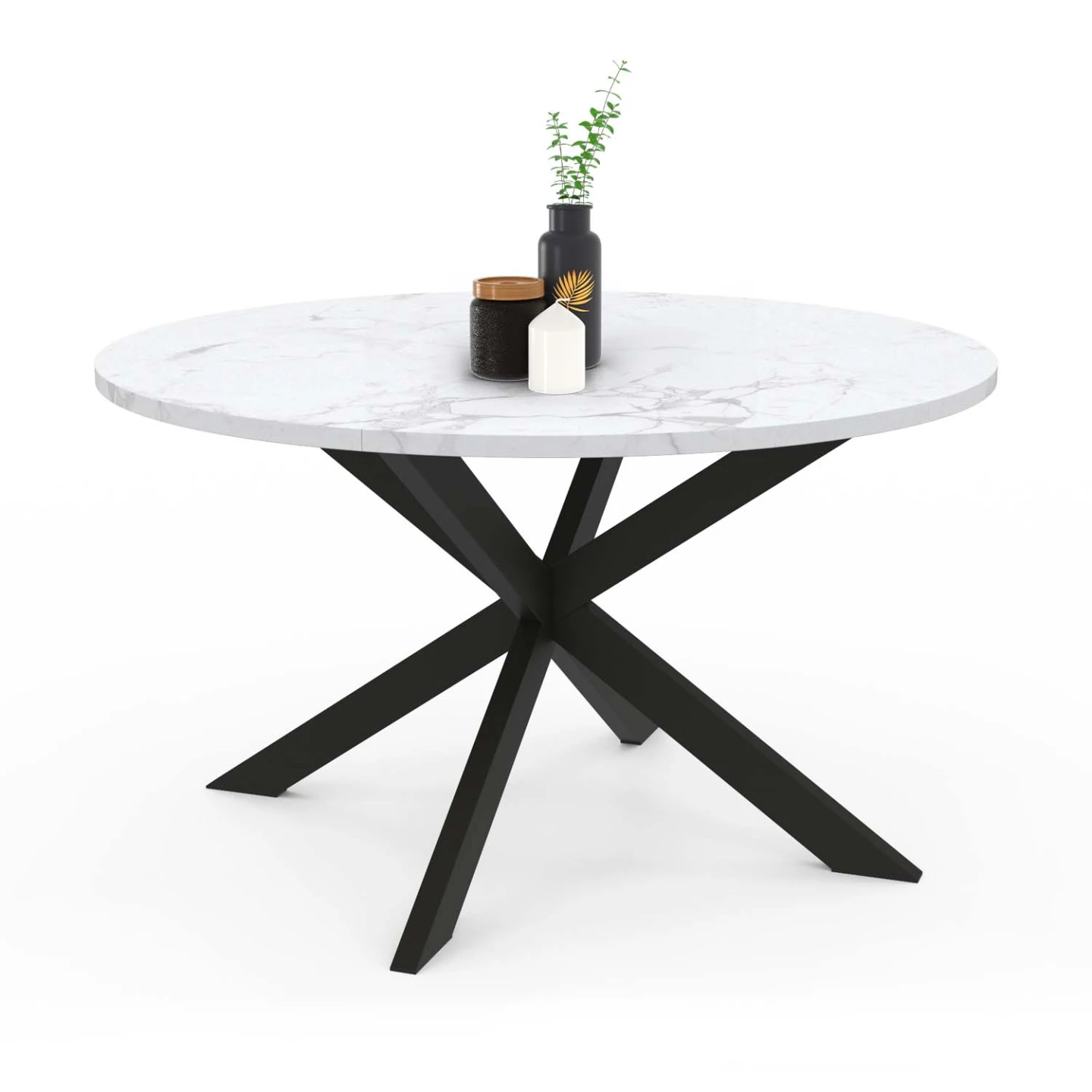 Table basse ronde ALASKA 70 cm plateau effet marbre blanc et  pied araignée métal noir