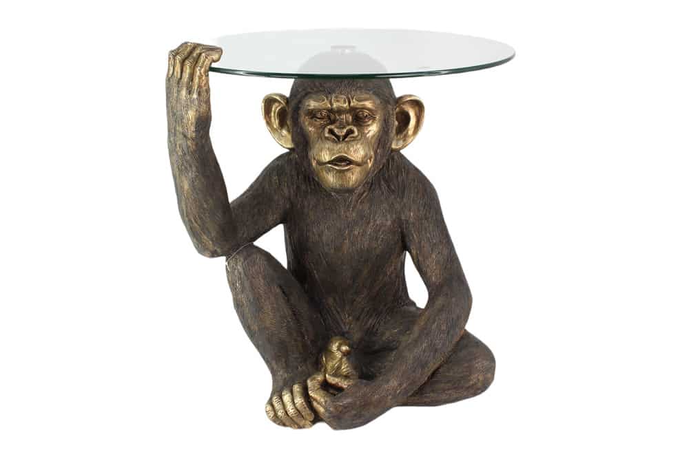 Runder Couchtisch KING APE 65cm schwarz gold Glas Affenfigur handmade