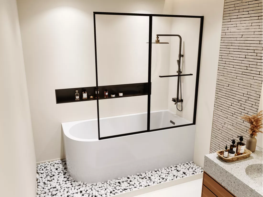 Baignoire douche blanche avec pare baignoire coulissant - 240 L - Angle droit - ANIKA