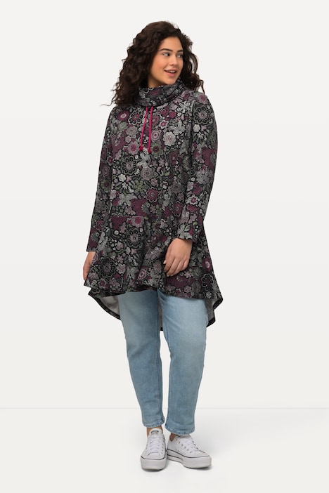 Long-Sweater, Blüten, A-Linie, Stehkragen, Langarm