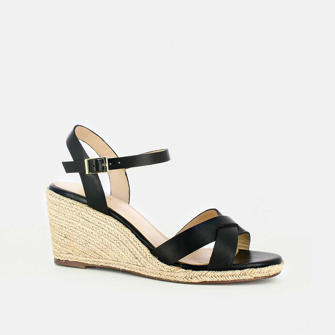 Sandales à talon compensé  en corde en cuir noir