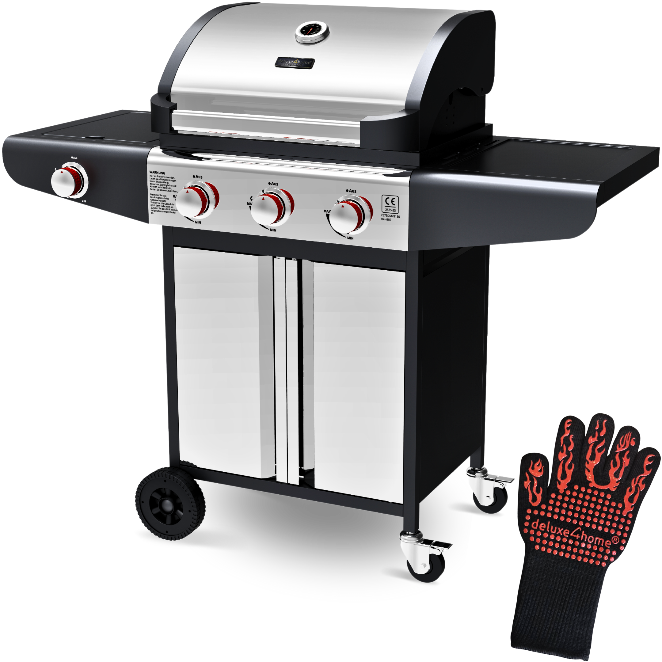 deluxe4home® Grillwagen Gasgrill mit Deckel, 3 + 1 Seitenbrenner, Thermometer uvm.