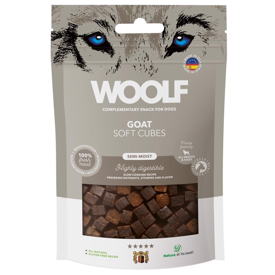 Woolf Soft Cubes Goat 100g<br>Naturlig og proteinrik! Zip-lås pose