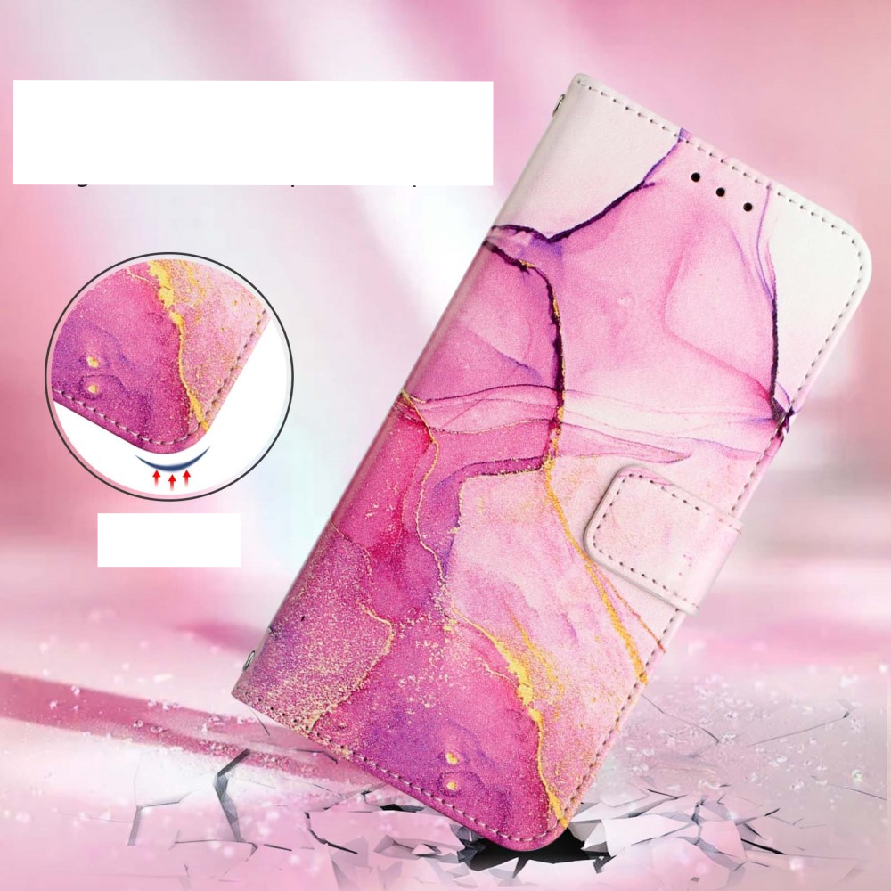 iPhone 12 / iPhone 12 Pro Leder Tasche mit Kartenfach   Handschlaufe Marble Marmor - Pink / Rosa