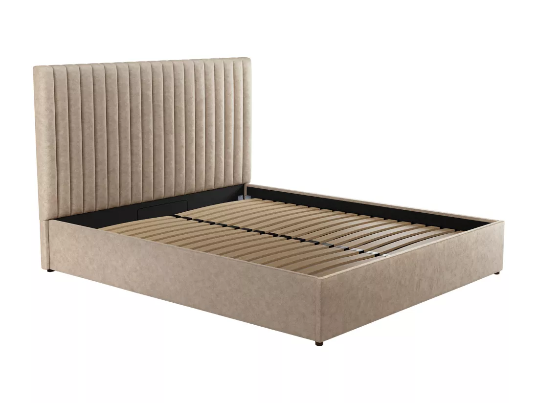 Lit coffre 120 x 190 cm avec tête de lit coutures verticales - Tissu - Taupe - SARAH II