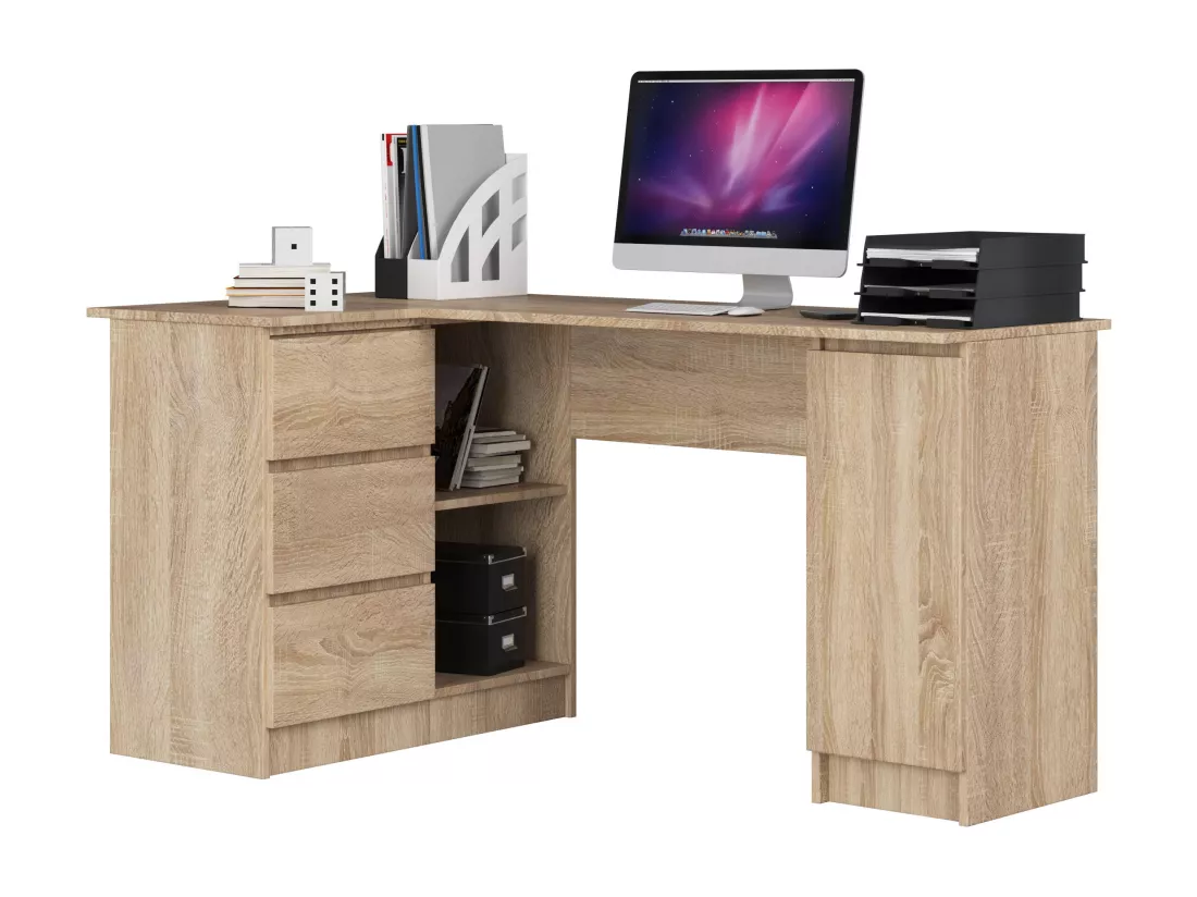 Grand bureau d'angle AKORD gauche B20 Chêne Sonoma 155 cm 1 porte 3 tiroirs façade Chêne Sonoma 4 étagères 155x85x77 cm