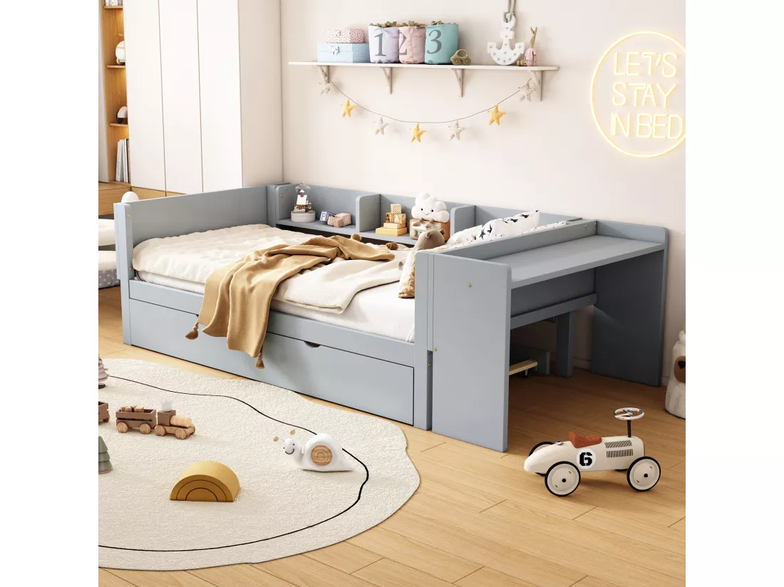 Lit gigogne 90 x 200 cm + 90 x 180 cm avec bureau et 3 étagères - bois massif de pin - sommier à lattes - gris