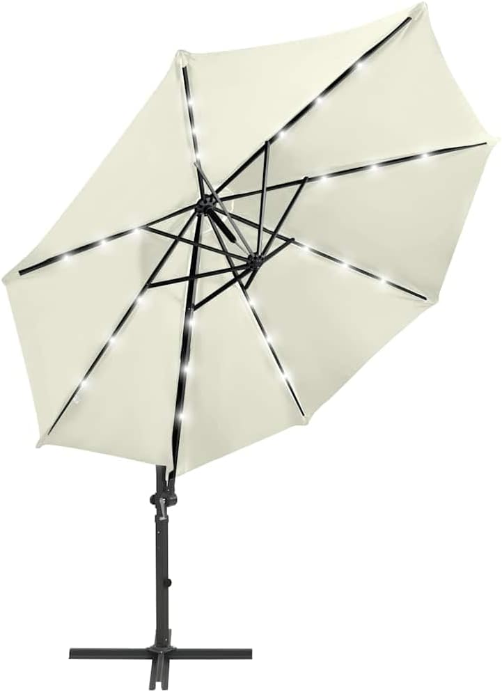 vidaXL Ampelschirm mit Mast LED-Leuchten Sonnenschirm Gartenschirm Marktschirm Strandschirm Schirm Kurbelschirm Terrassenschirm Sandfarben 300cm