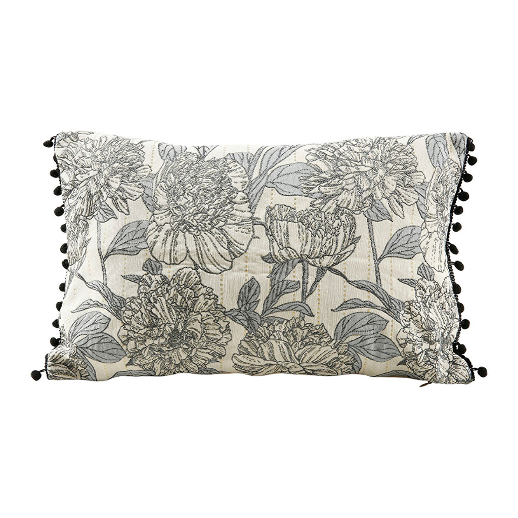 Coussin déco rectangulaire polyester motifs fleurs et pompons 30x50cm