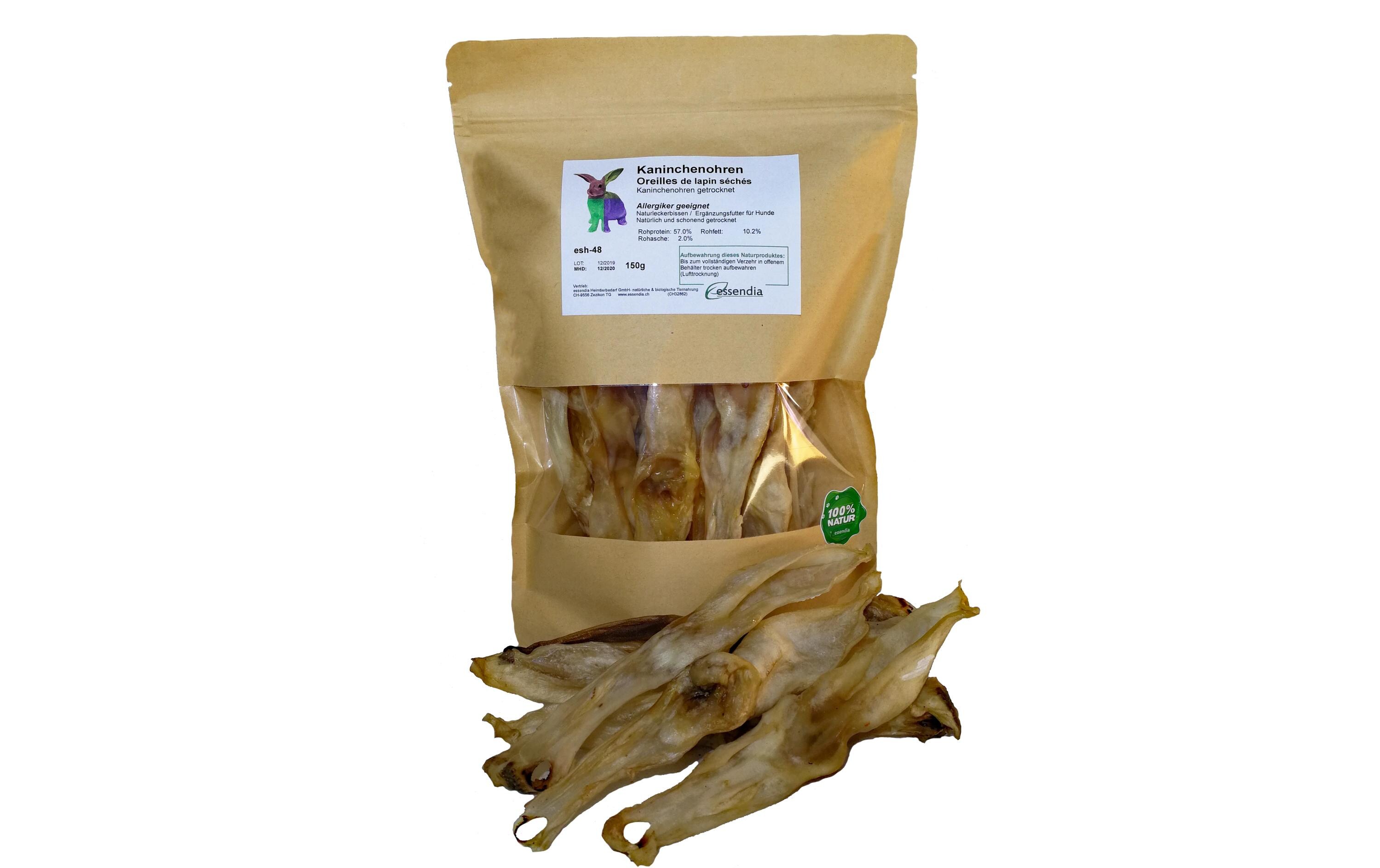 Kausnack Kaninchenohren ohne Fell, 150 gKnuspriges Kauvergnügen für Hunde, 100% Kaninchen