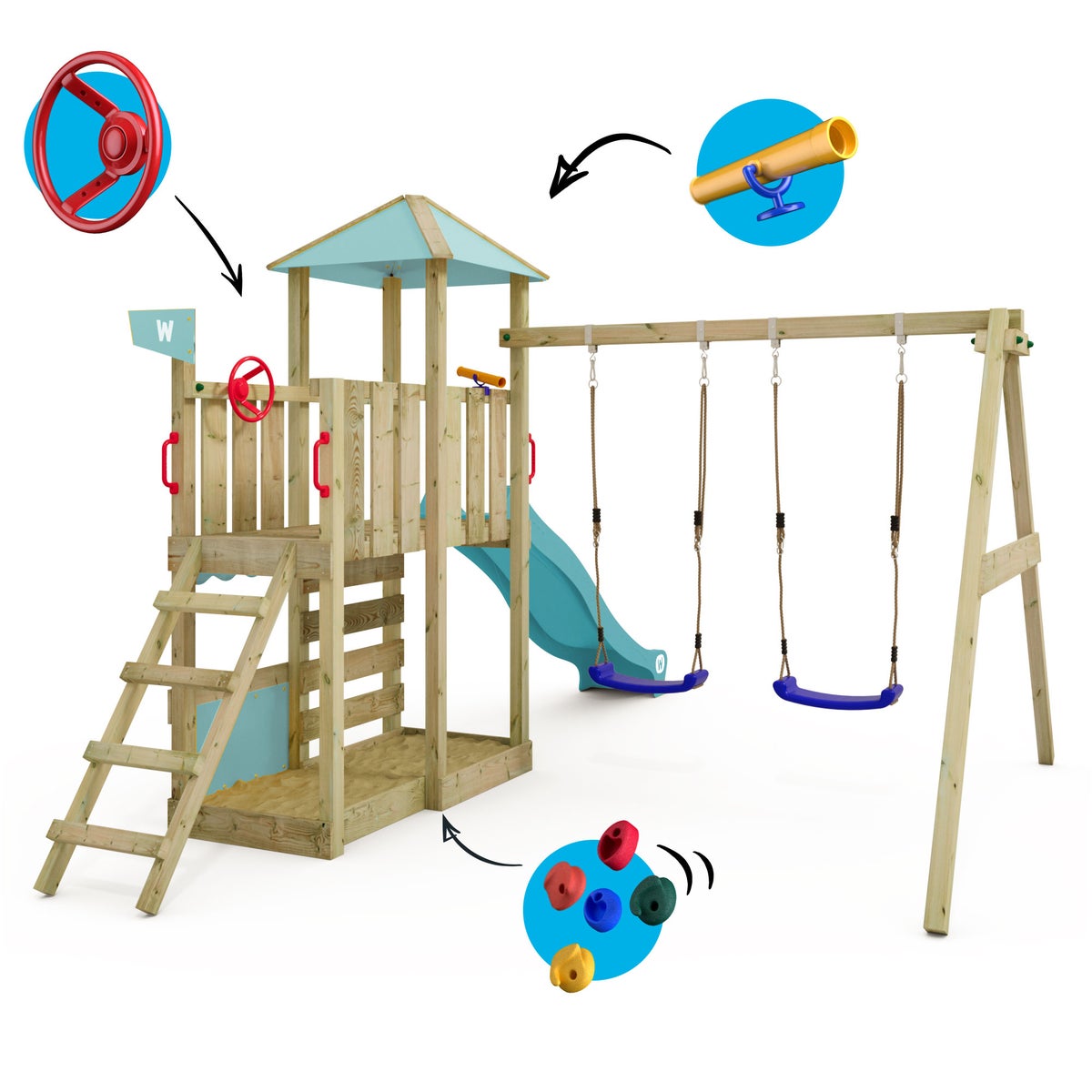 WICKEY Smart Savana speeltoren klimtoestel met schommel en glijbaan, speelhuis met klimladder en speelaccessoires – pastelblauw
