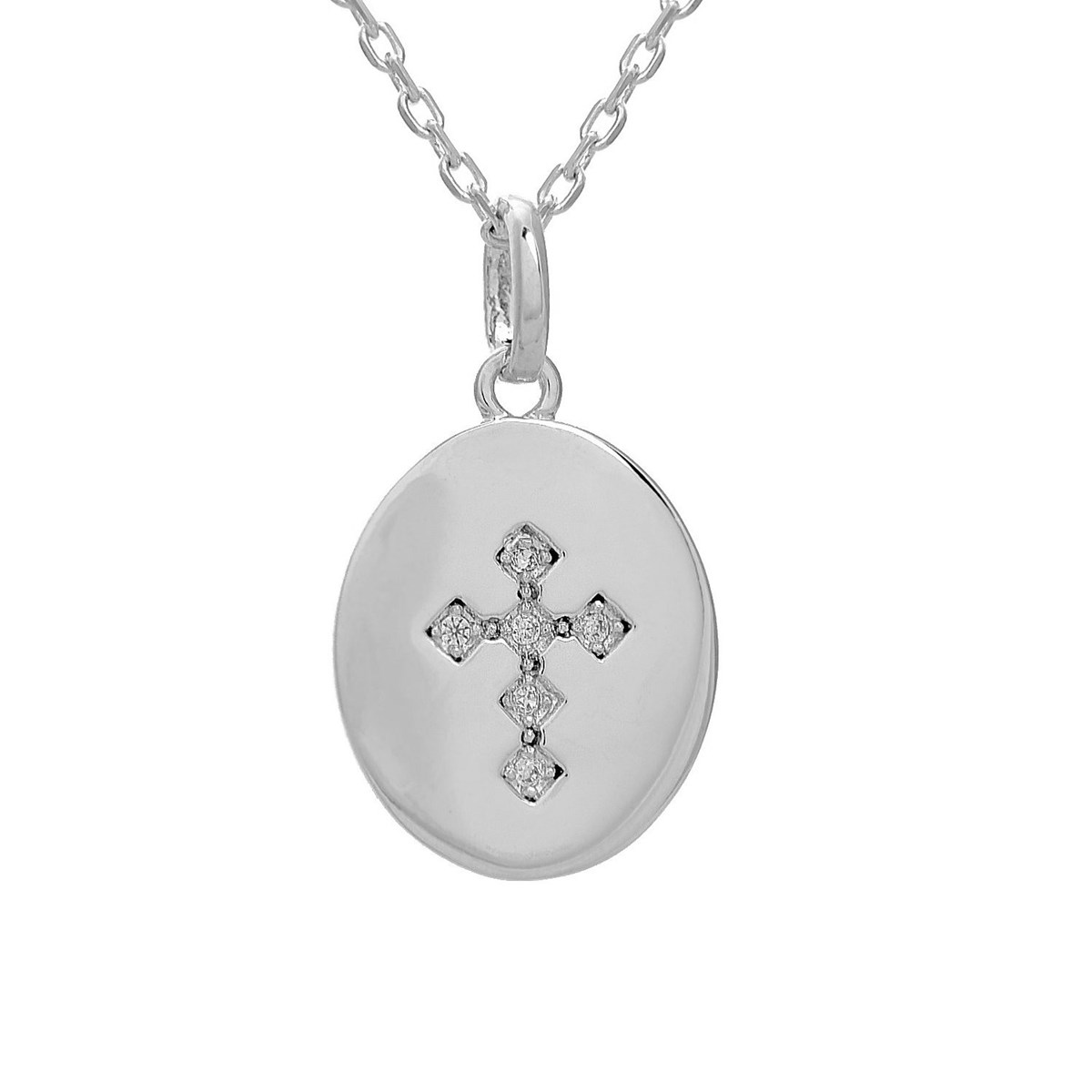 Collier médaille ovale croix sertie d'oxyde de zirconium Argent 925 Rhodié