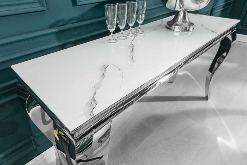 Eleganter Konsolentisch MODERN BAROCK 145cm mit Glasplatte Marmoroptik Edelstahlbeine