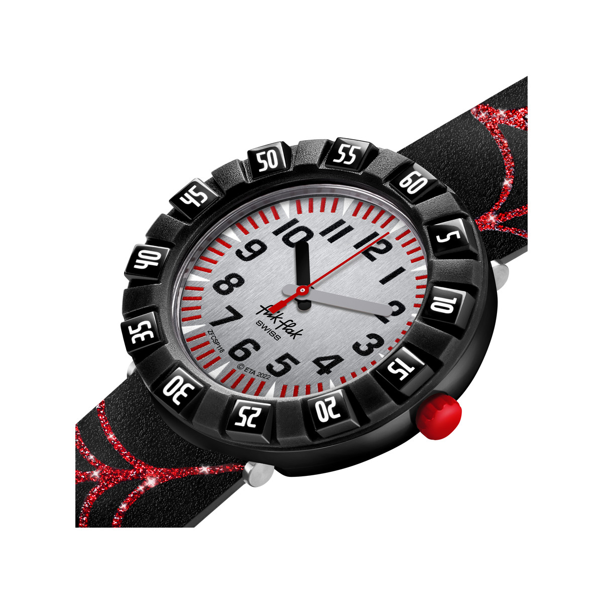 Montre FLIK FLAK Shine Bright Webaxus enfant plastique biosourcé bracelet silicone noir