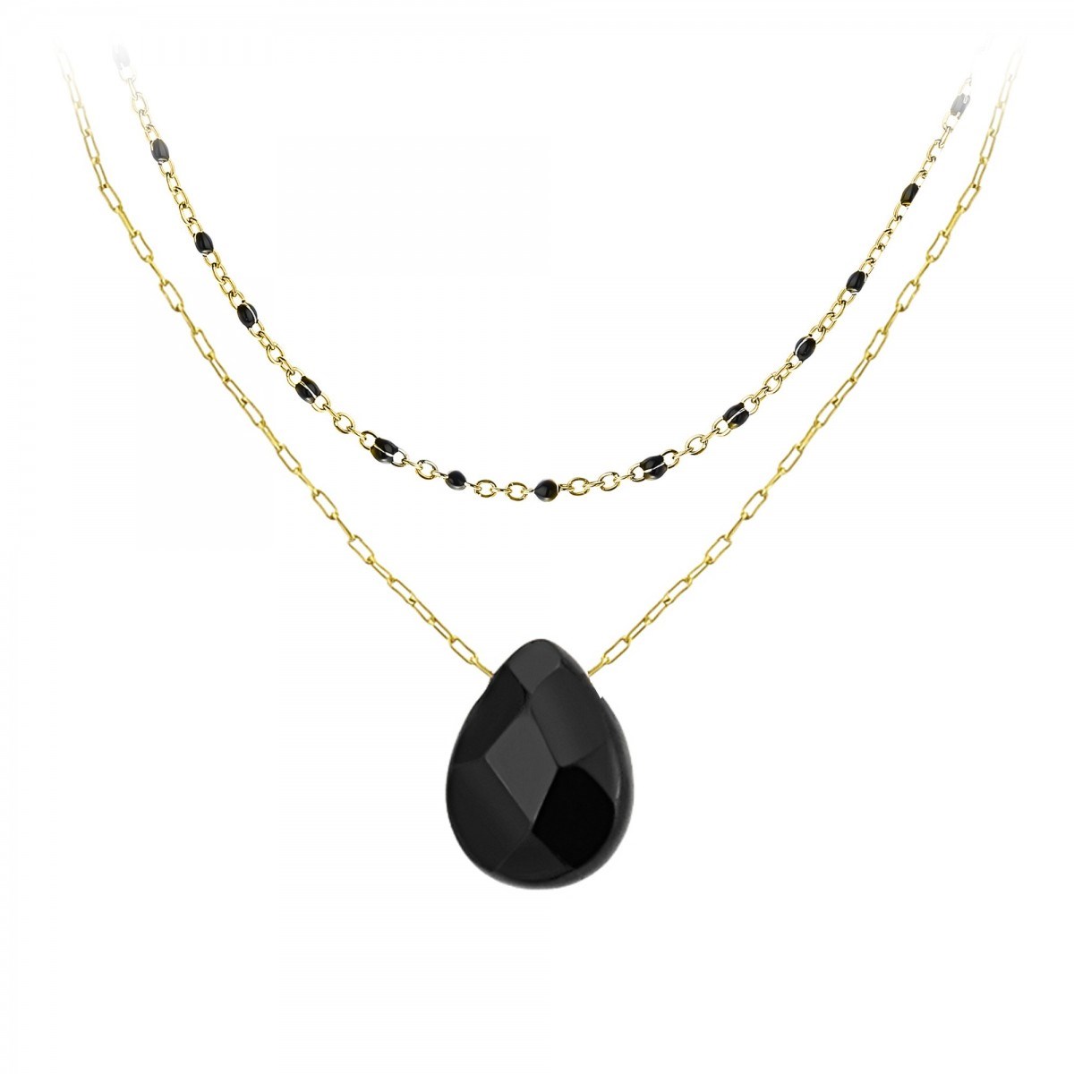 Lot de 2 colliers SC Bohème en Acier Finement doré orné d'une obsidienne