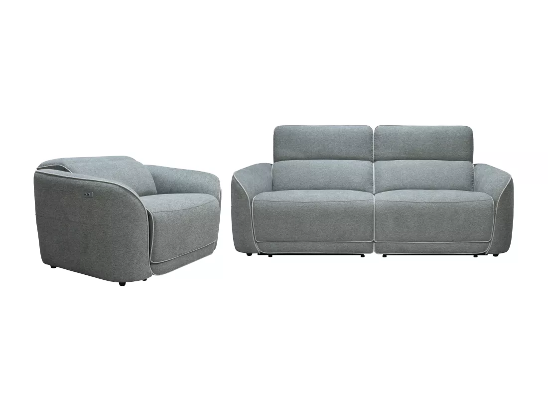 Canapé 3 places et fauteuil relax électrique en tissu chiné gris OZARTO
