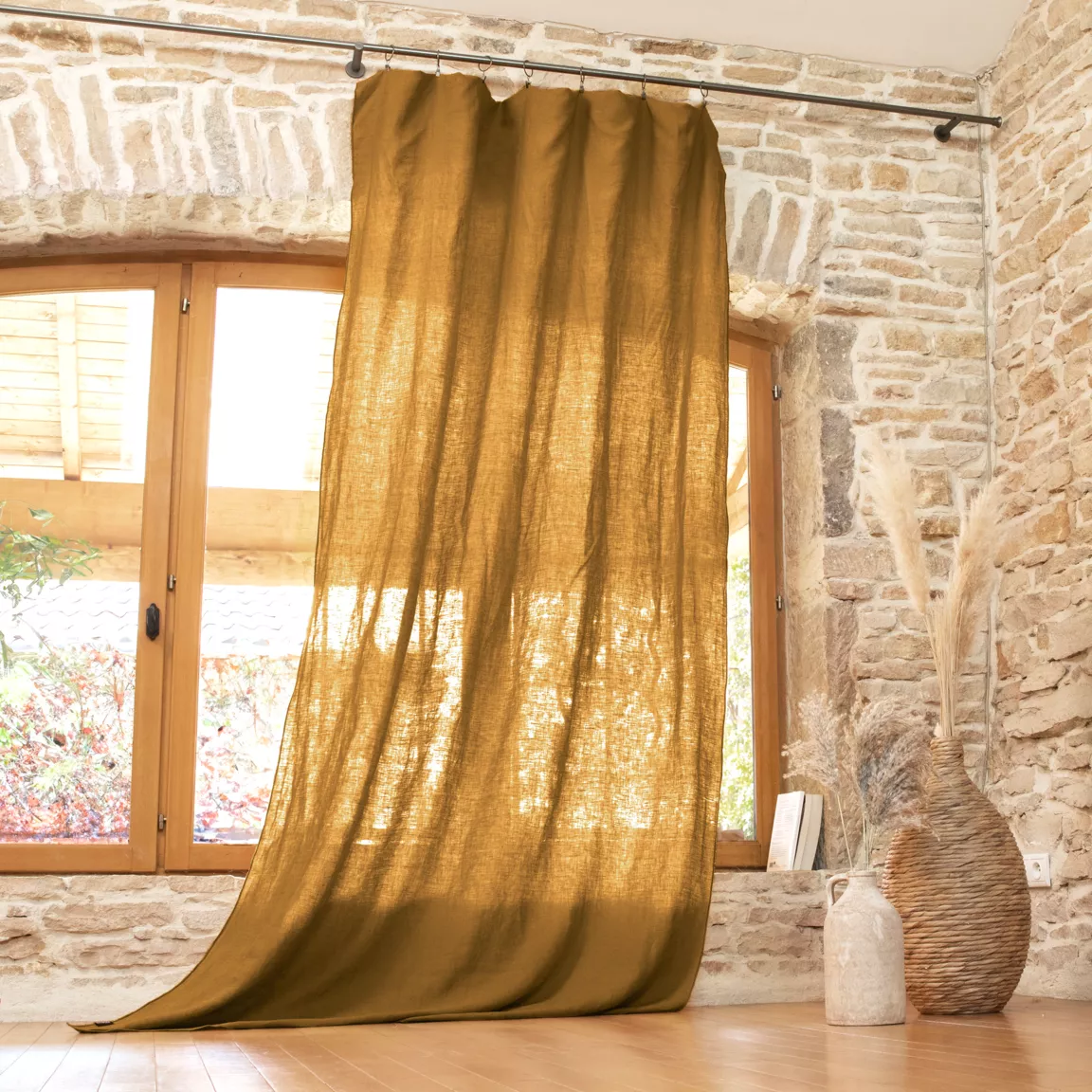 Rideau lin lavé ajustable (140 x max 270 cm) Louise Caramel