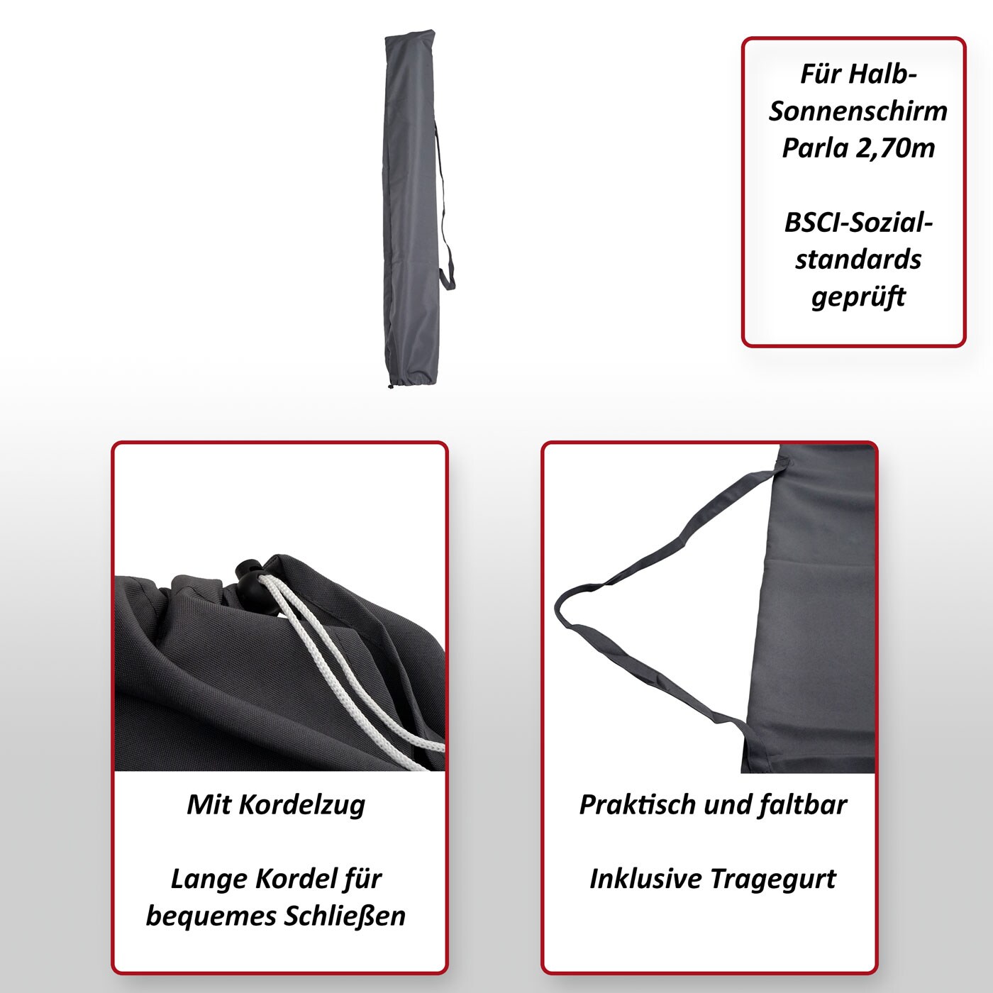 Schutzhülle für 2,70m Alu Halb-Sonnenschirm Lorca, Abdeckhülle Cover mit Kordelzug ~ anthrazit
