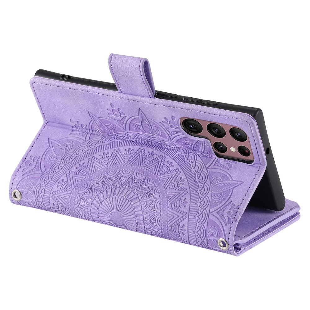 Samsung Galaxy S23 Ultra 5G Leder Tasche Flip Cover mit Reissverschluss - Mandala Flowers Imprint - Lila