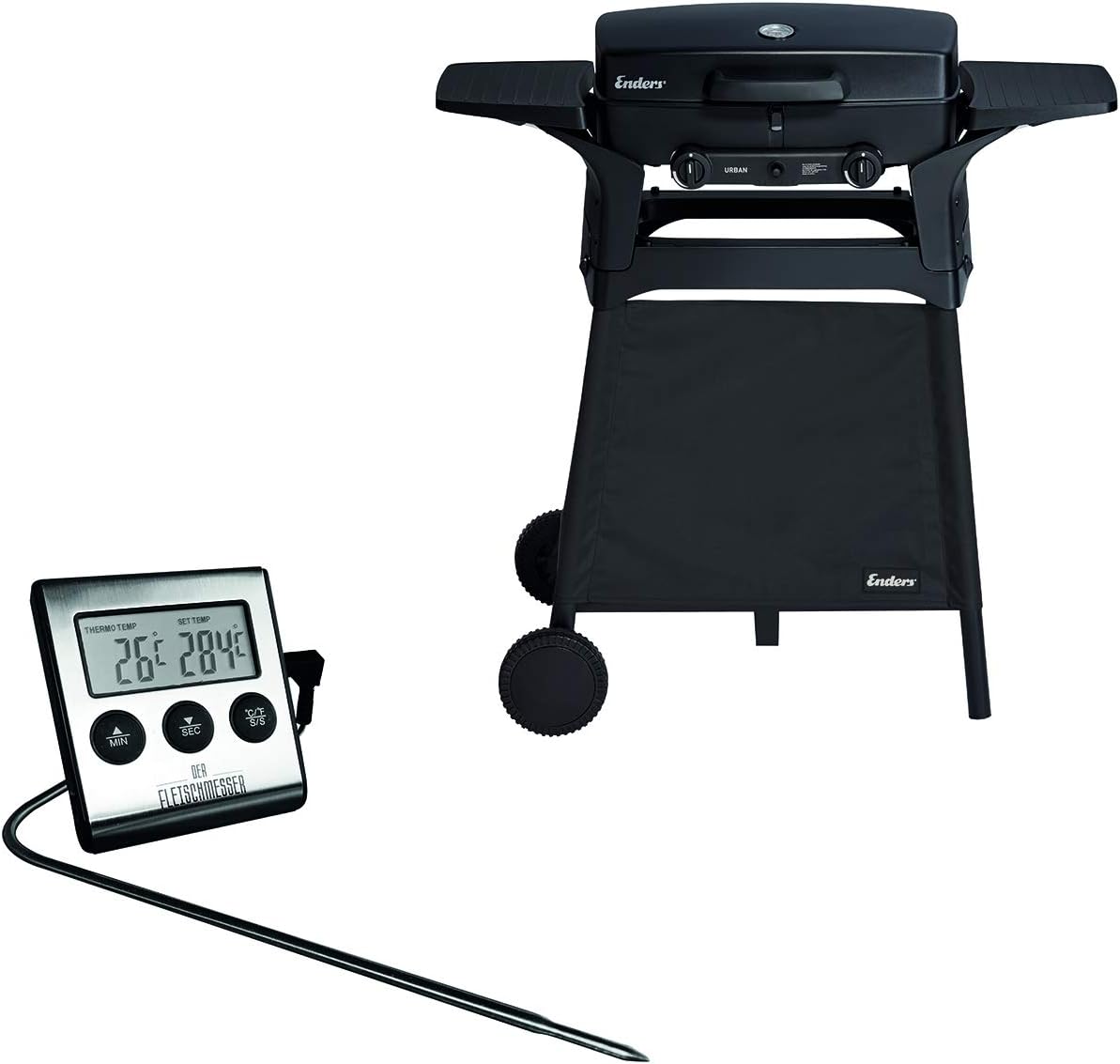 Enders Gasgrill URBAN Trolley - Bundle mit extra Fleischthermometer - 2 Edelstahl-Brenner stufenlos, Mobiler Kompaktgrill, Fahrbares Untergestell, Seitenablagen, Schwarz