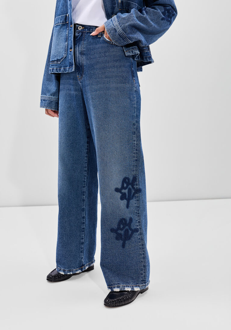 blauwe olaf hussein wijde broek monogram denim pant