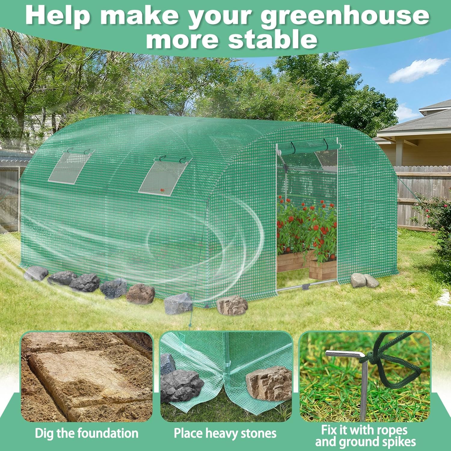 24㎡ Frostschutz Gartengewächshäuser aus Stahl Rahmen 3x8x2m HDPE Foliengewächshaus mit 8 Insektenschutzgitter Fenster & Tür Begehbares Gewächshaus Garten Überwinterungszelt für Pflanzen