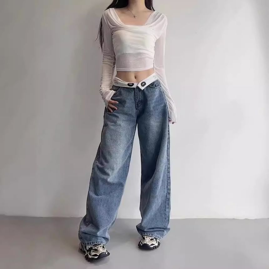 Rosesand - Lage taille, gevouwen taille, gewassen, losse jeans met wijde pijpen