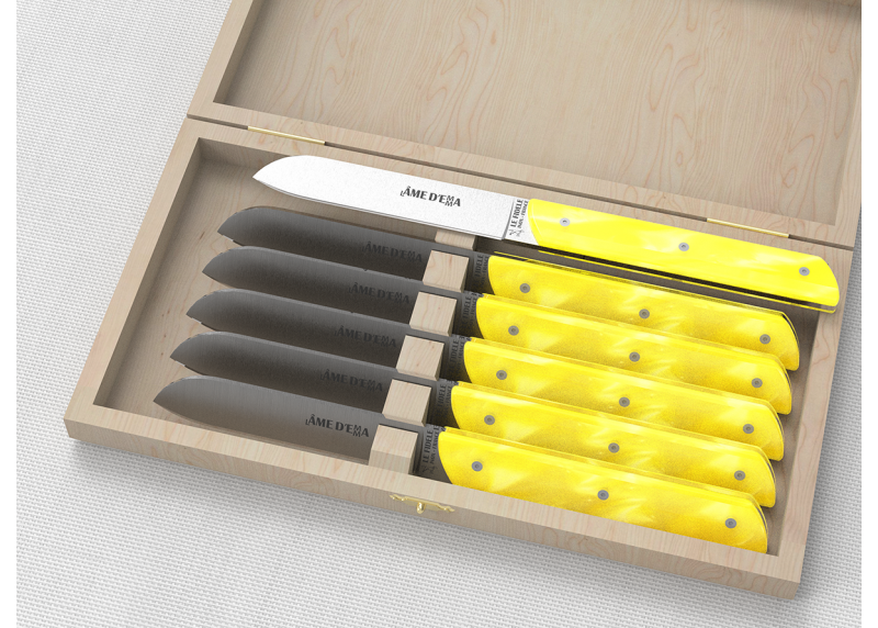 Service de 6 couteaux de table avec un manche en Madreperlato Jaune et lame en acier inoxidable