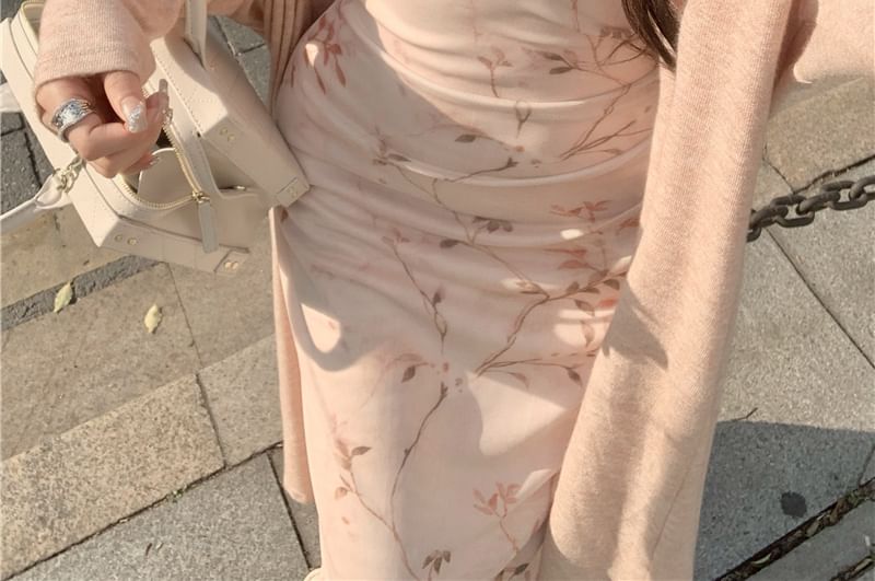 Maisee - Effen lange cardigan / spaghettibandjes bloemen midi-jurk