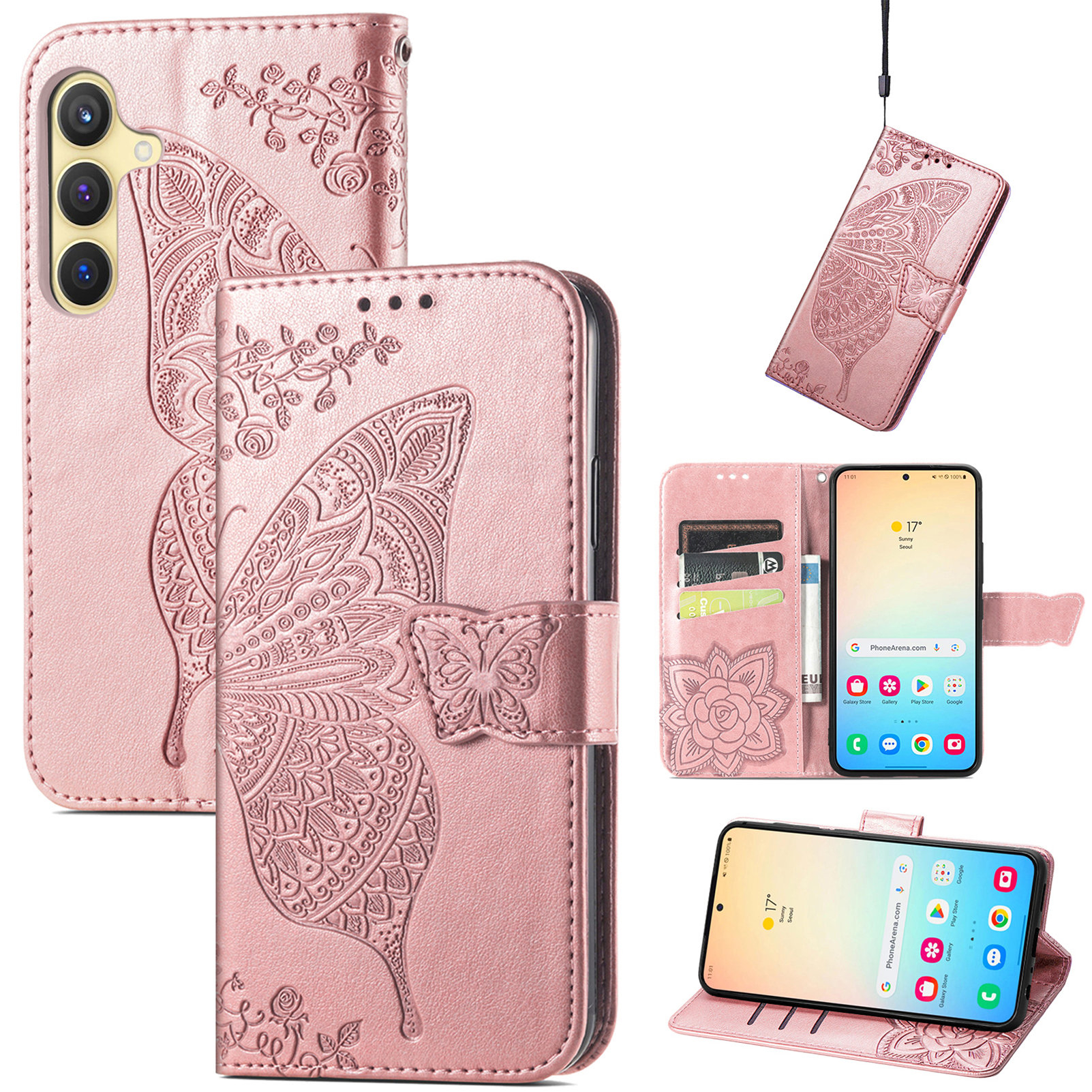 Samsung Galaxy S25 Leder Tasche Flip Cover Schmetterlinge Imprint - Roségold
