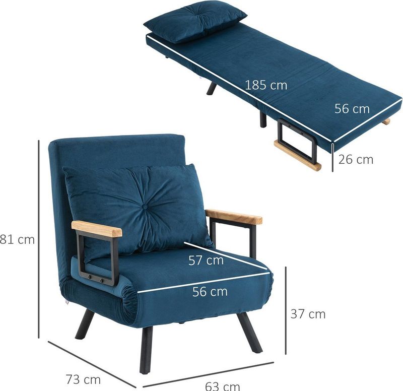 HOMCOM Slaapbank - Blauw - Fluwelen Look - Verstelbare Rugleuning