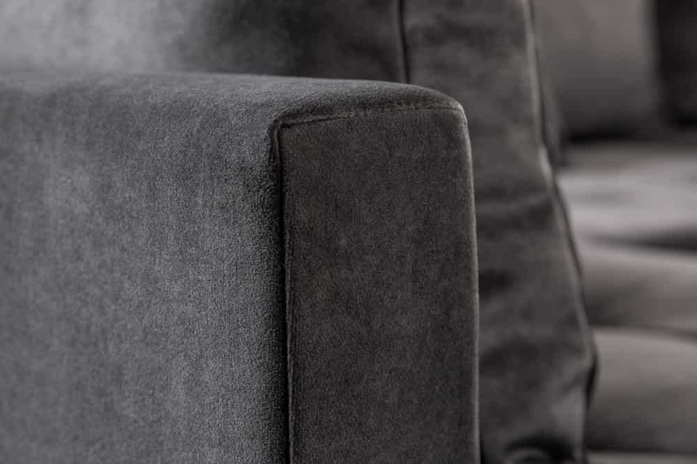 Moderne Wohnlandschaft KENT 220cm grau Samt Ecksofa Federkern inkl. Hocker und Kissen