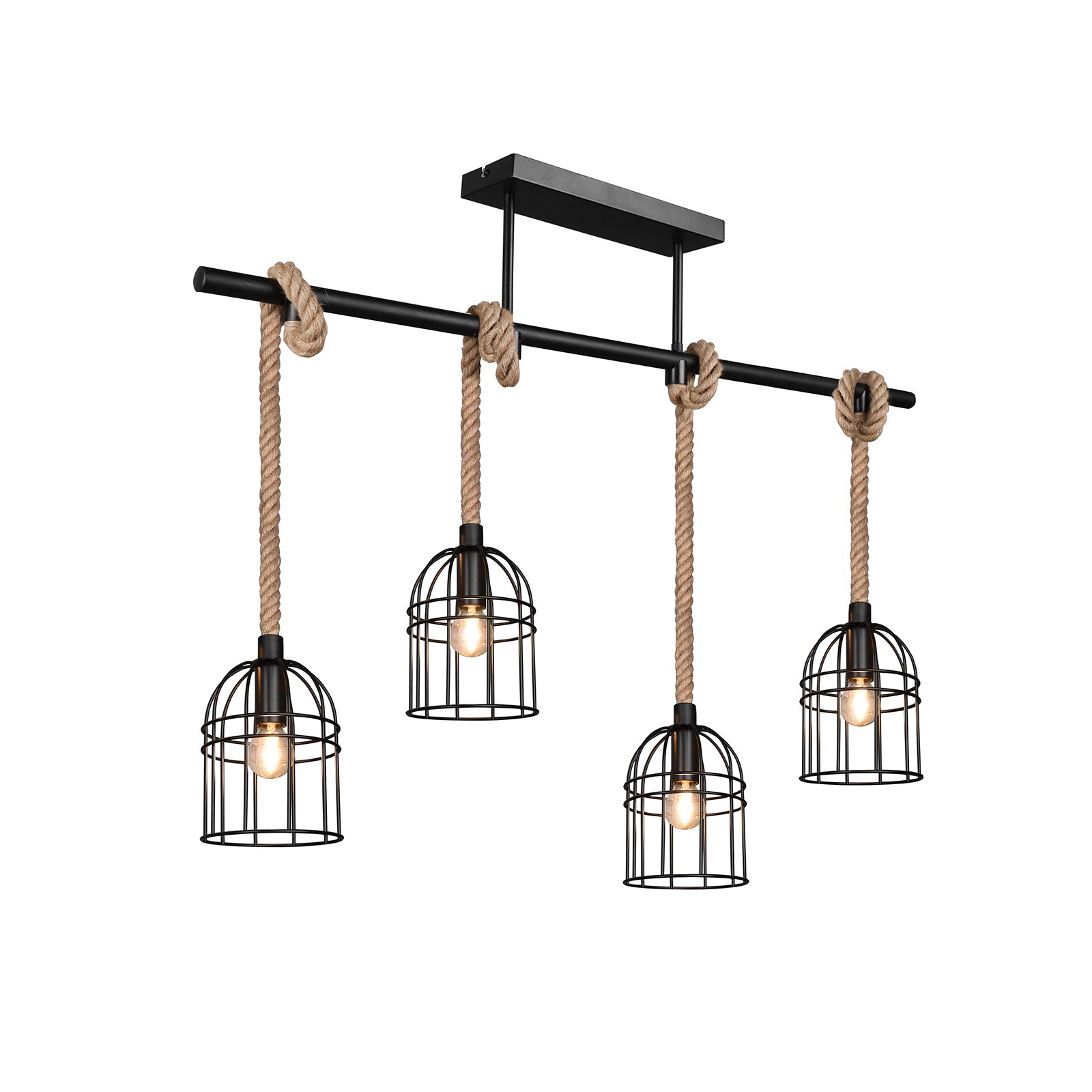 Pendelleuchte - schwarz matt-braun - Metall - Sisal - 4-flammig