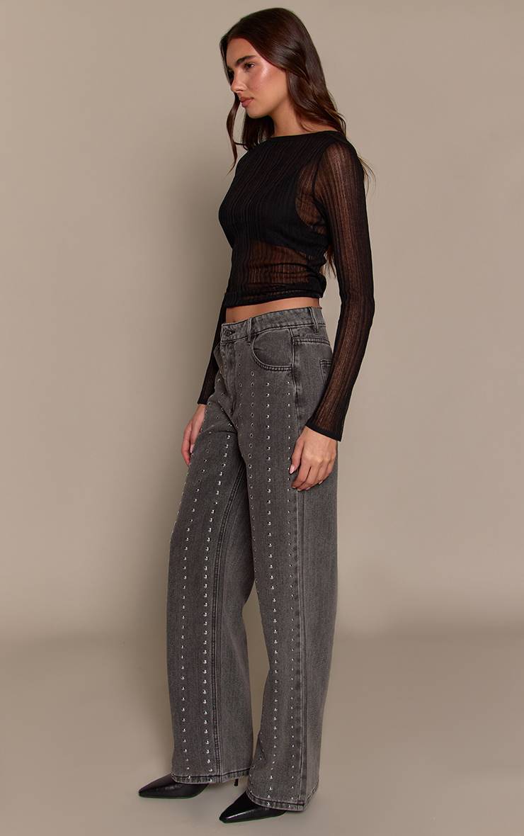 Washed Grey Jean En Denim Taille Haute Clouté