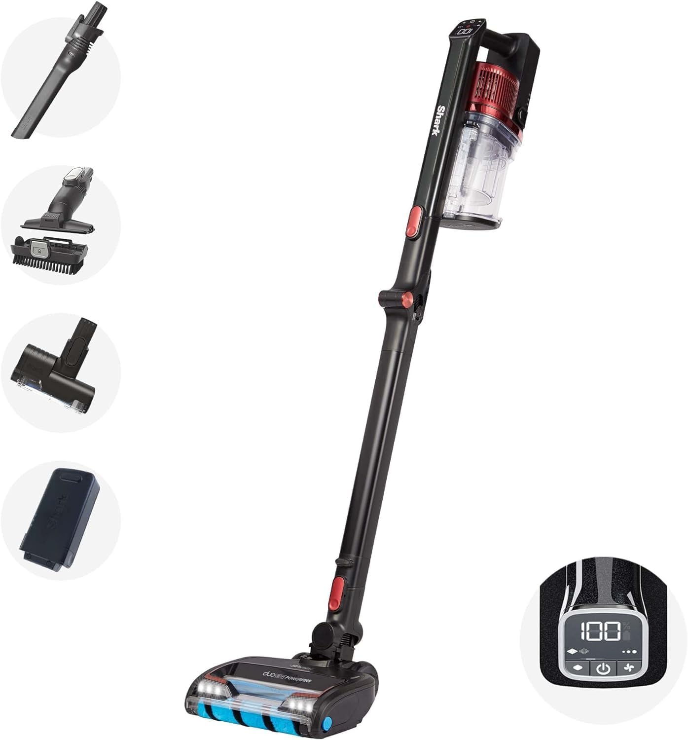 Shark kabelloser Akku-Staubsauger, Anti-Hair-Wrap, 60 Min Akkulaufzeit, DuoClean-Staubsauger kabellos m. motorisiertem Tierhaar-Aufsatz, Multi-Oberflächen- & 20cm Fugendüse, Schwarz/Rot, IZ300EUT