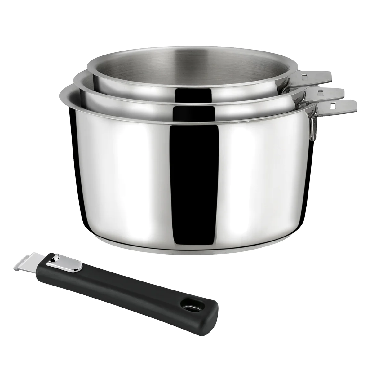 Malice - Série de 3 casseroles 16/18/20cm inox avec poignée noire Cuis