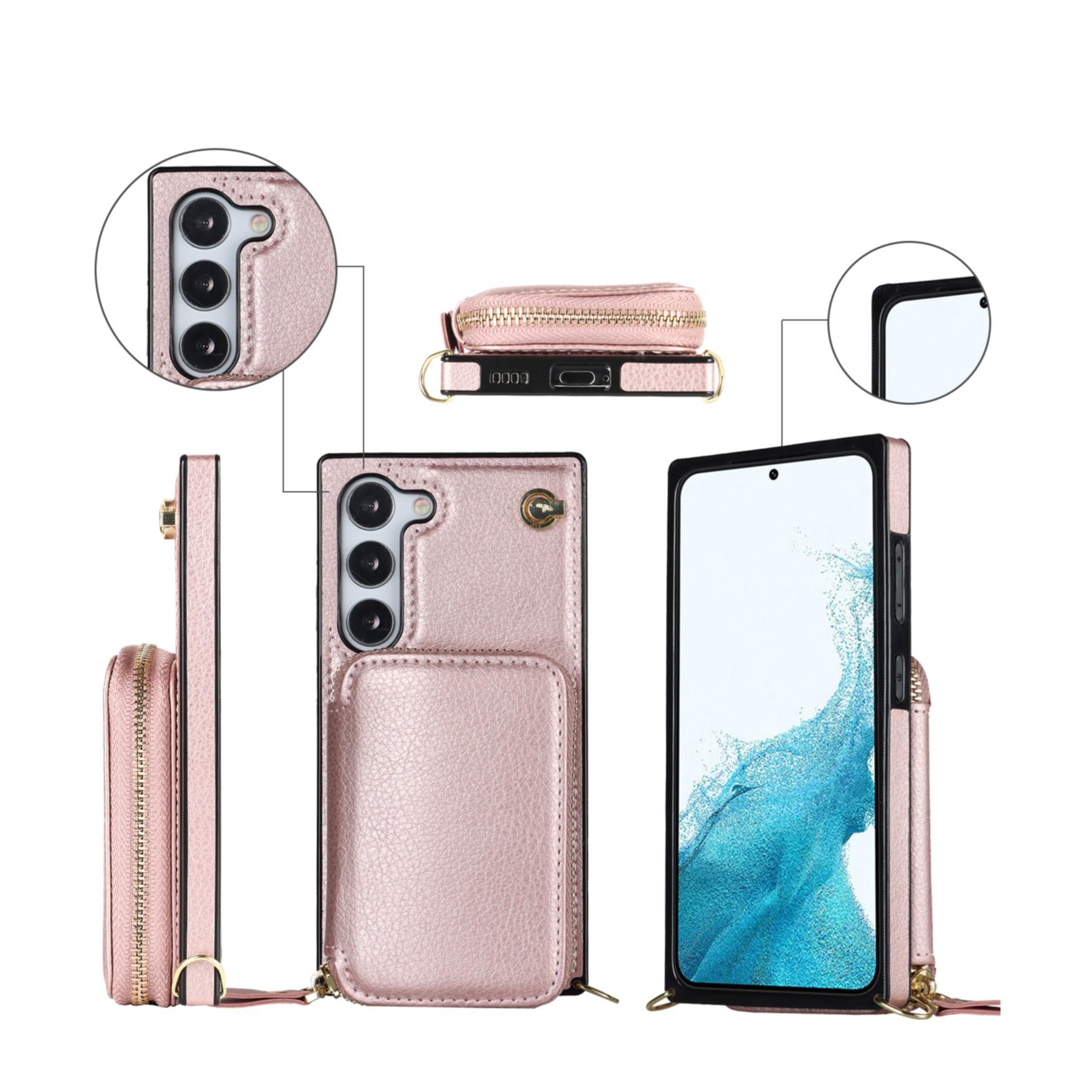 Samsung Galaxy S23 5G Necklace Leder Schutz Hülle mit Kartenfächer   Handykette (140cm) - Roségold