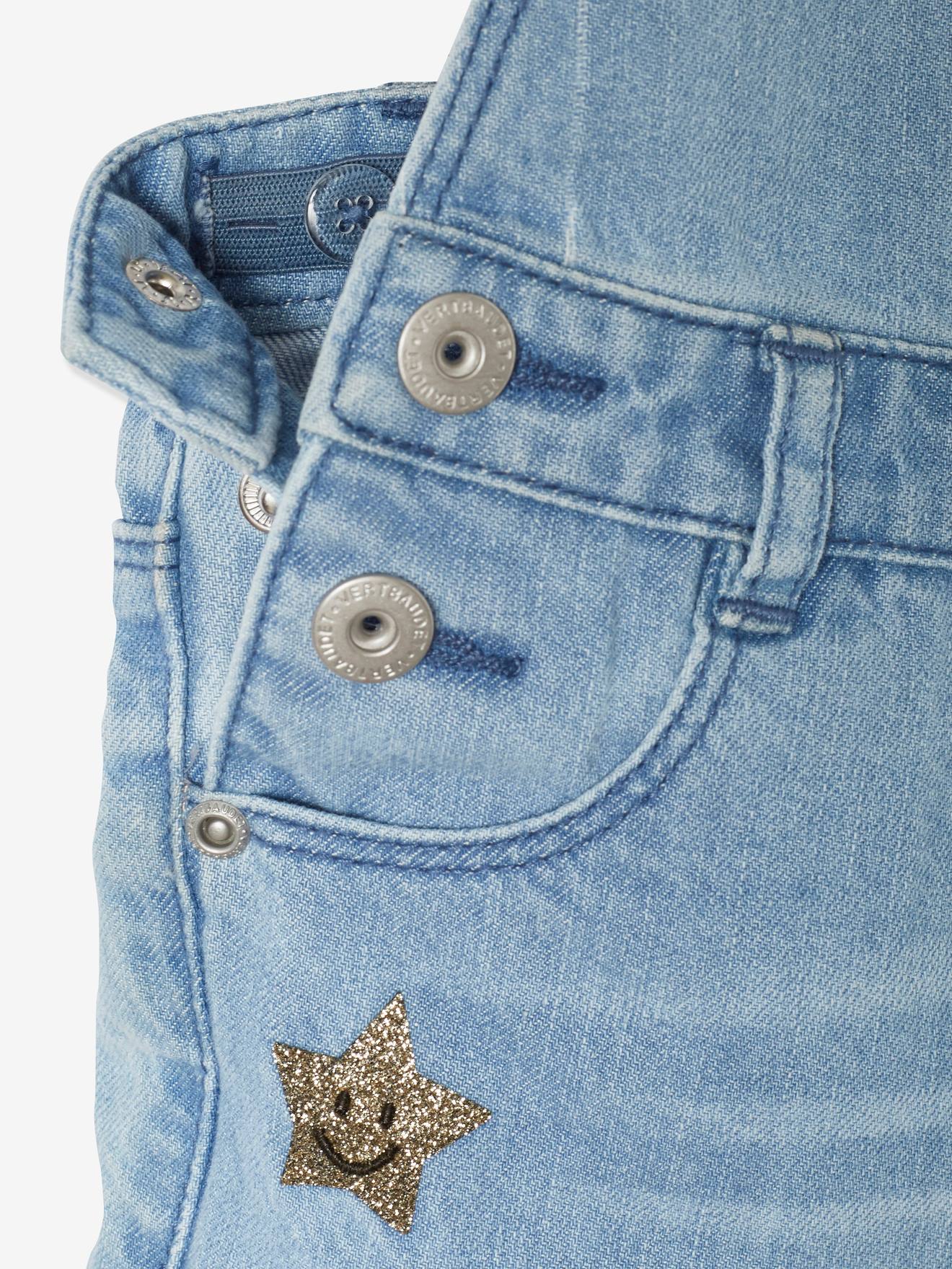 Jardineira jeans com shorts para meninas, lavagem azul média