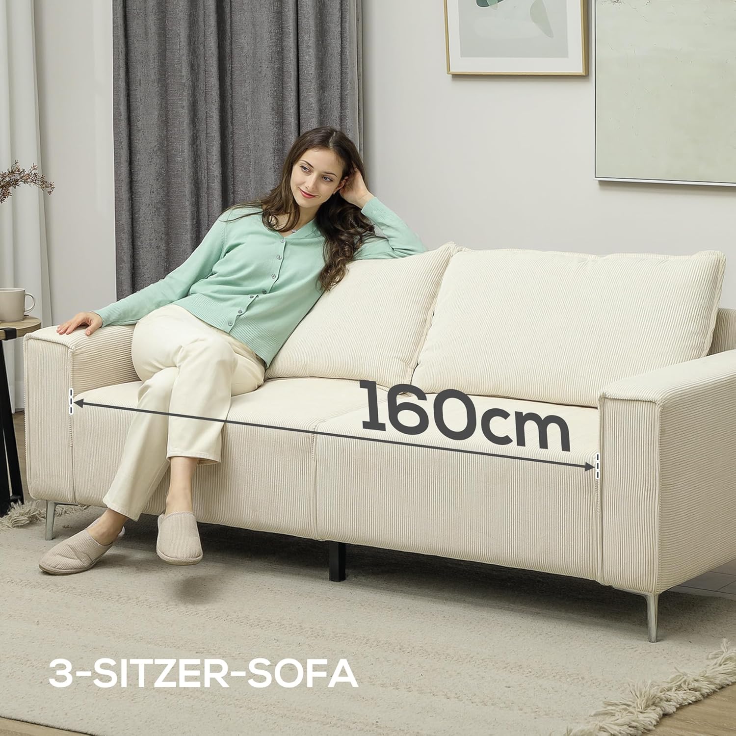 HOMCOM 3-Sitzer Sofa, Couch mit Armlehnen, Rückenkissen, Wohnzimmersofa mit Cordbezug, Federkern, Dick Gepolstert Polstersofa für Wohnzimmer, Schlafzimmer 193 x 77 x 80 cm, Cremeweiß