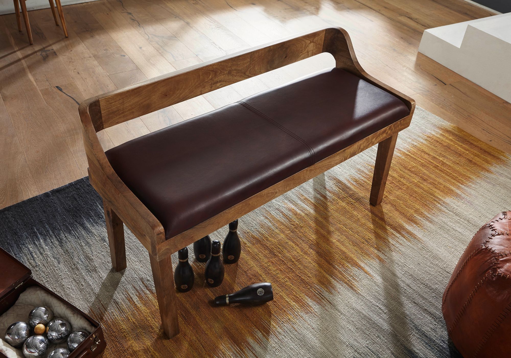 FineBuy Sitzbank Echtleder 108 cm Lederbank Flurbank Rückenlehne Massivholz Bank