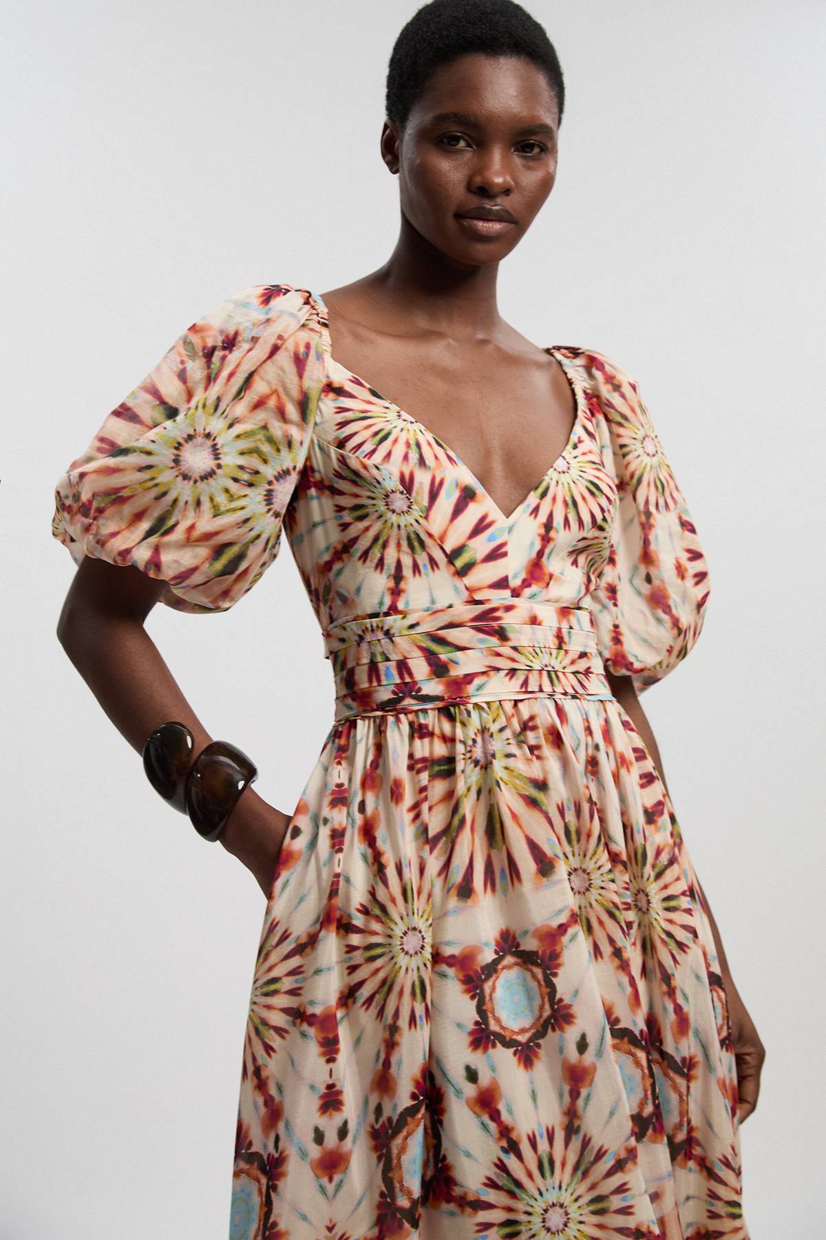 KarenMillen Robe Longue Tissée À Manches Bouffantes En Soie Coton Imprimé Carreaux