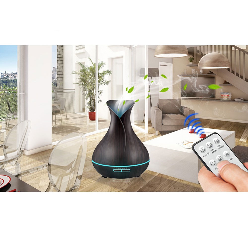 (550ml) Ultraschall Luftbefeuchter Aroma Öl Diffuser in Holz Optik   Fernbedienung mit LED Beleuchtung - Dunkelbraun