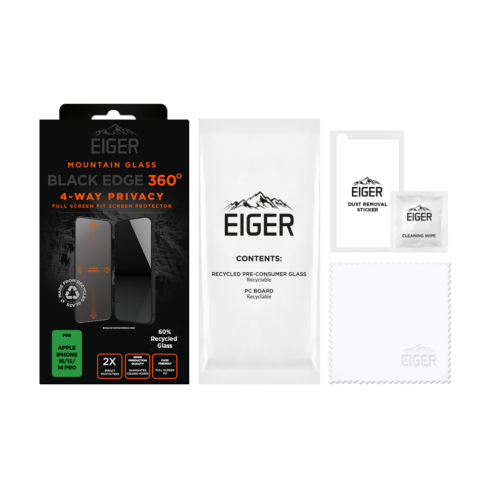 iPhone 16 / 15 / 14 Pro Mountain Glass Black Edge 360 Grad Panzerglas 3D 4-Way Privacy Displayschutz Case Friendly (EGMSP00272)