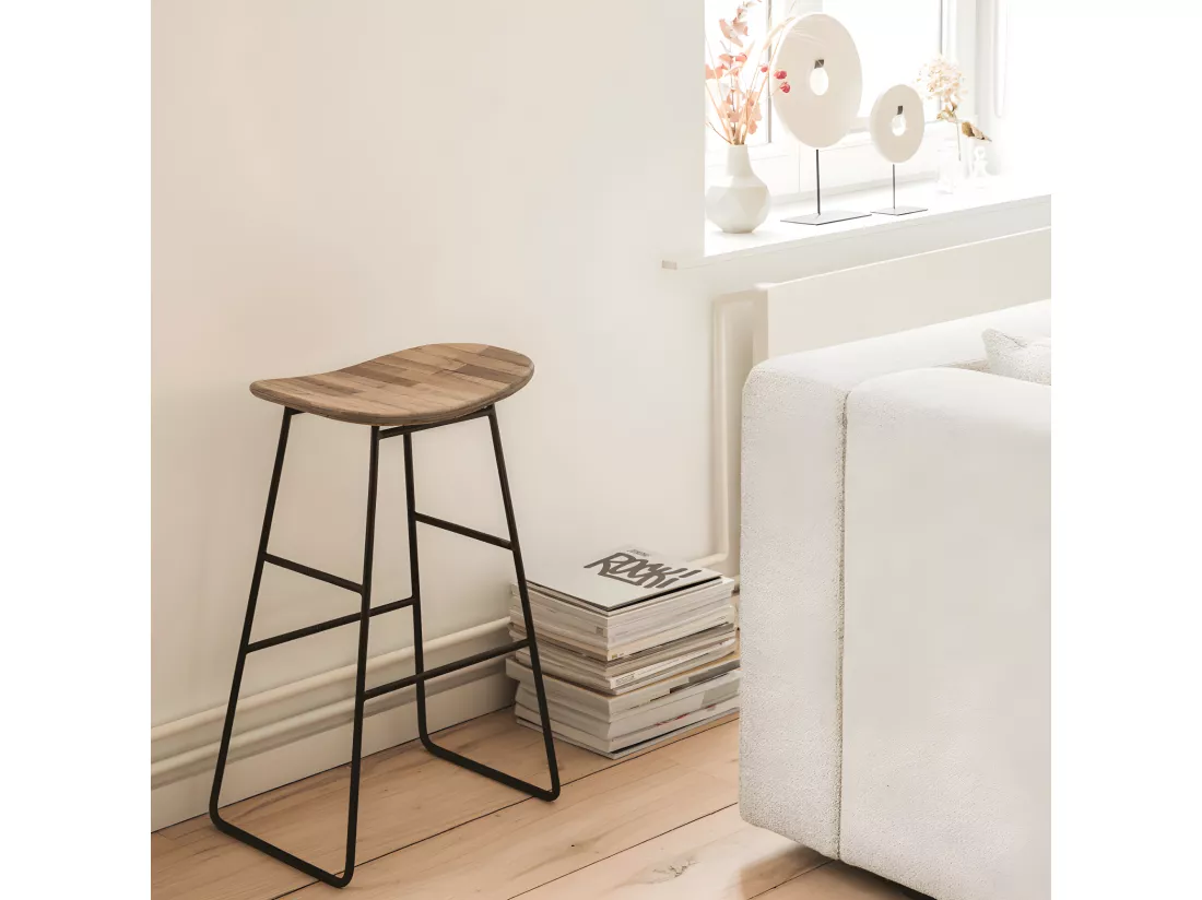 Kabayan - Tabouret de bar en teck recyclé et métal H65cm - Bois clair